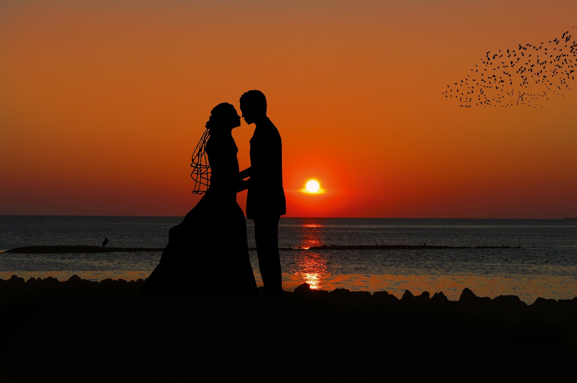 A silhouette of a bride and groom holding hands at sunset