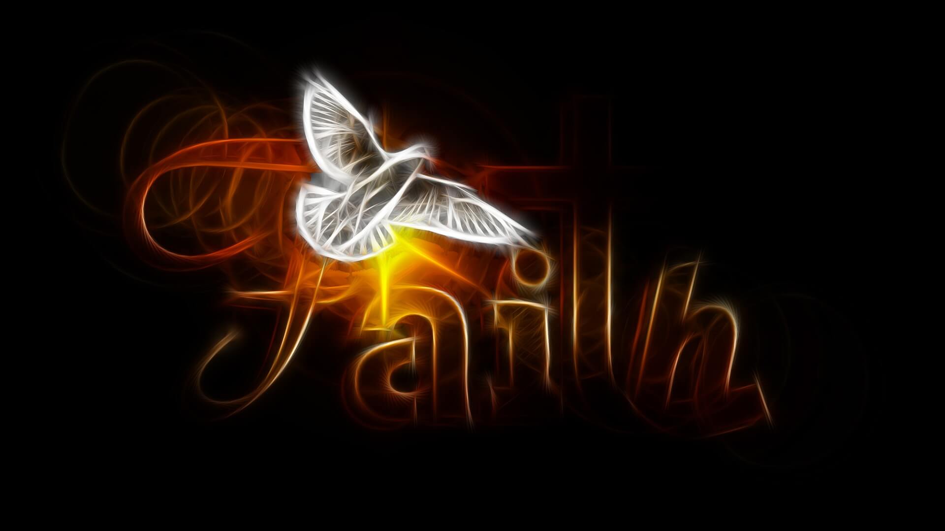 A dove flying in front of the word “Faith”